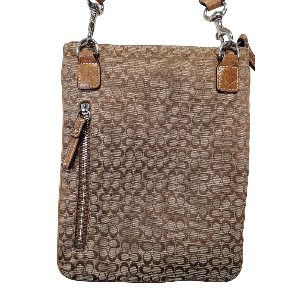 Coach Signature Jacquard Crossbody Bag Tan Leather Trim Slim Messenger Brown - Picture 3 of 12